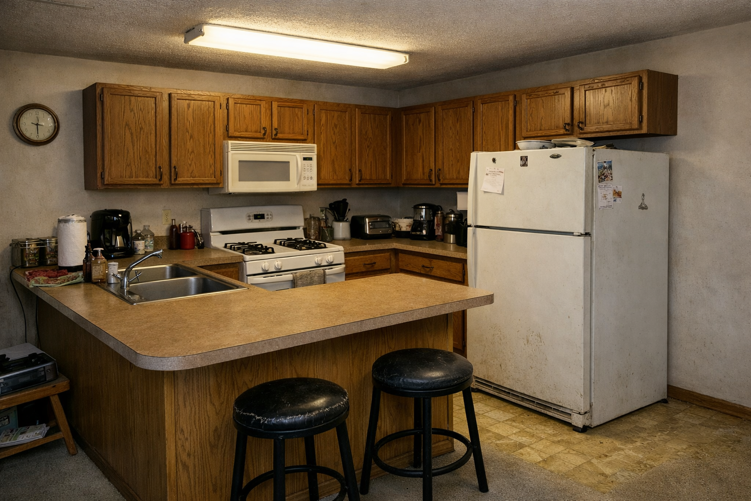 Outdated Kitchen in Indian Trail, NC – Before Remodeling Outdated kitchen in Indian Trail NC with oak cabinets, laminate countertops, white appliances, and fluorescent lighting.